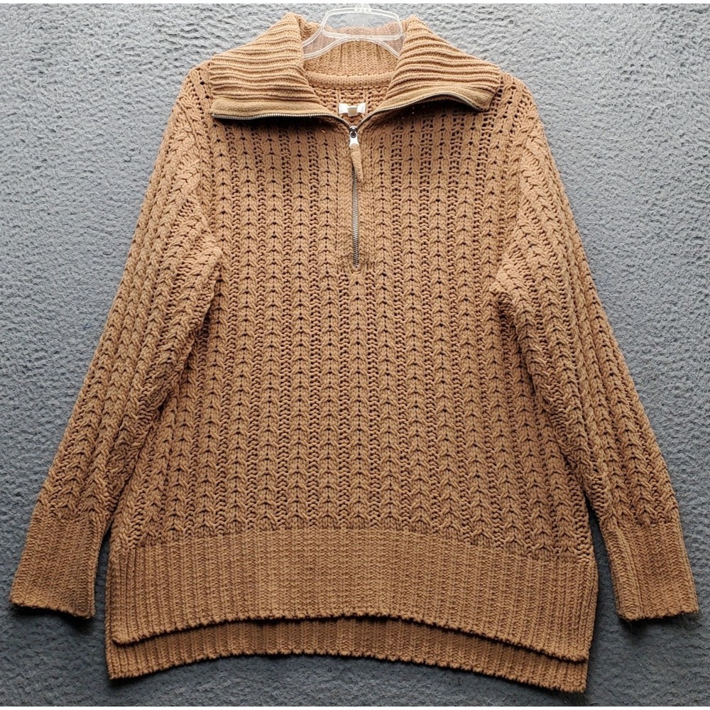 Aerie Sweater Womens Small Tan Chunky Knit High Low Slit Mock Neck‎ Quarter Zip